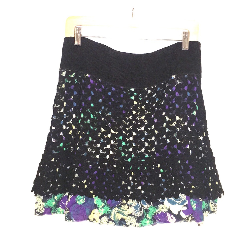 Free People Black Knit Overlay Boho Floral - image 1